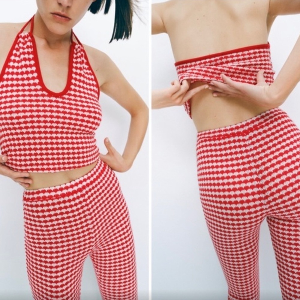 Zara Retro High Waisted Knitted Pants Red White Gingham Size S